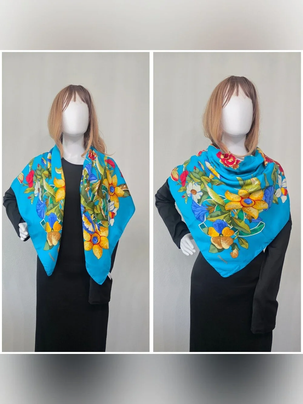 Auth CHANEL CC Turquoise Floral Blooms Silk Scarf